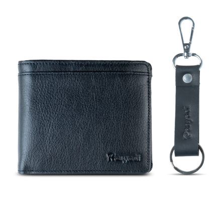 Men's Genuine Leather Classic Black Soft Bifold Wallet with Free Key Chain